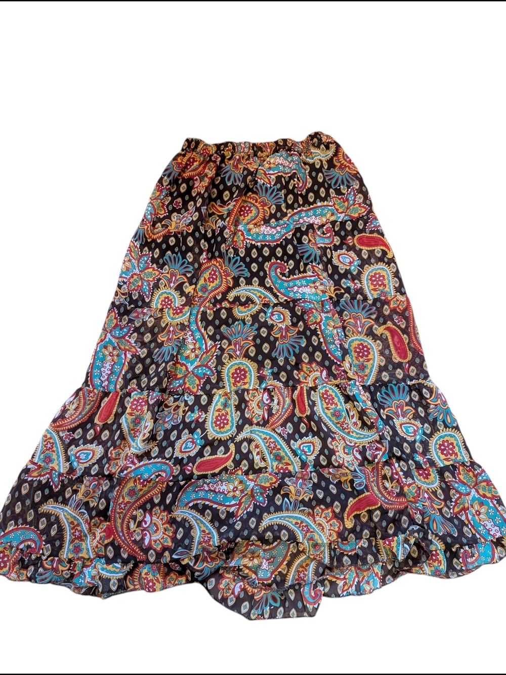 Vintage Magic Black Paisley Maxi Skirt with Multicolor Print